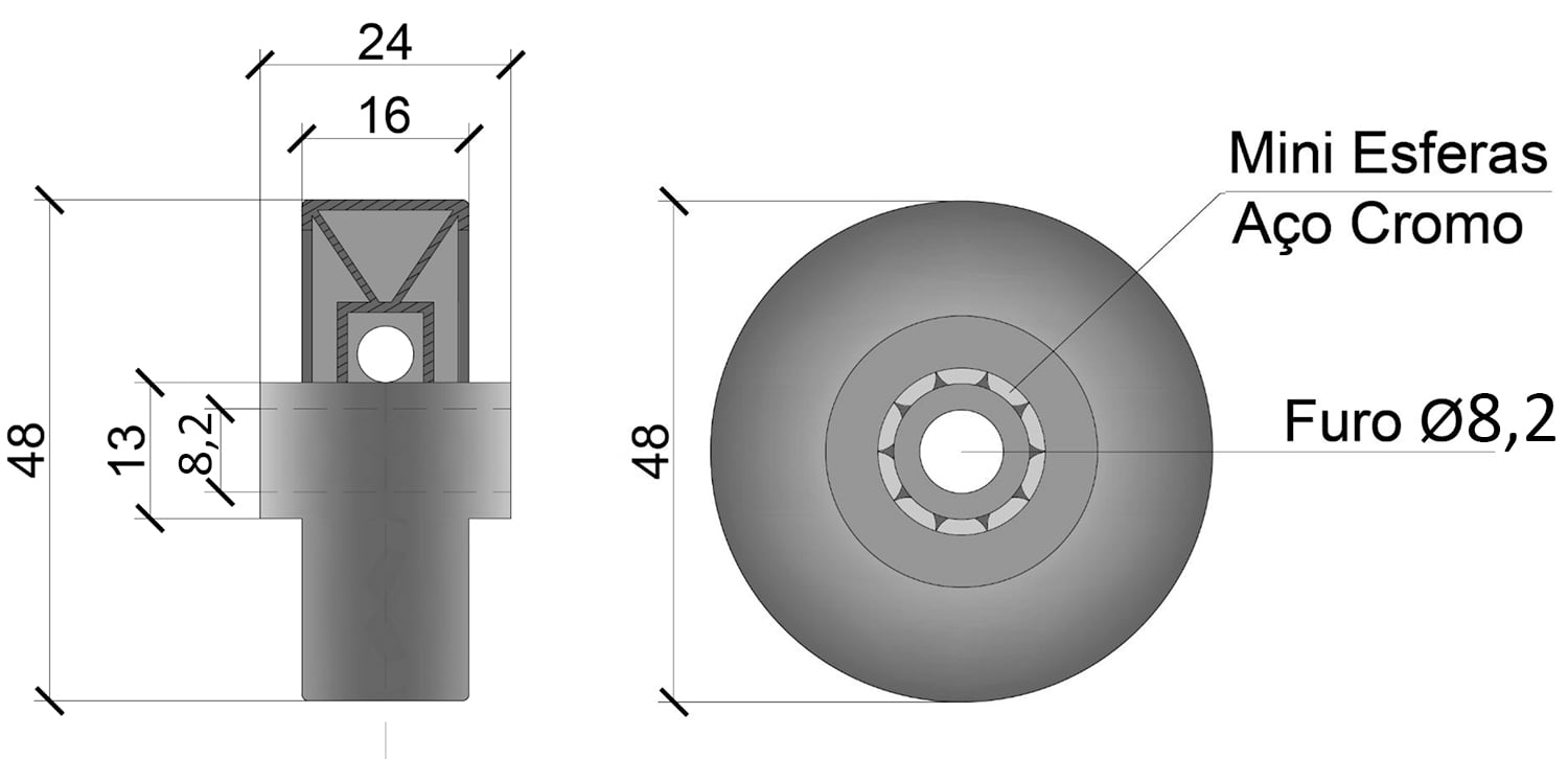 Dimensões do rodizio de aço para trilho roletado flow rack 200 quilos.