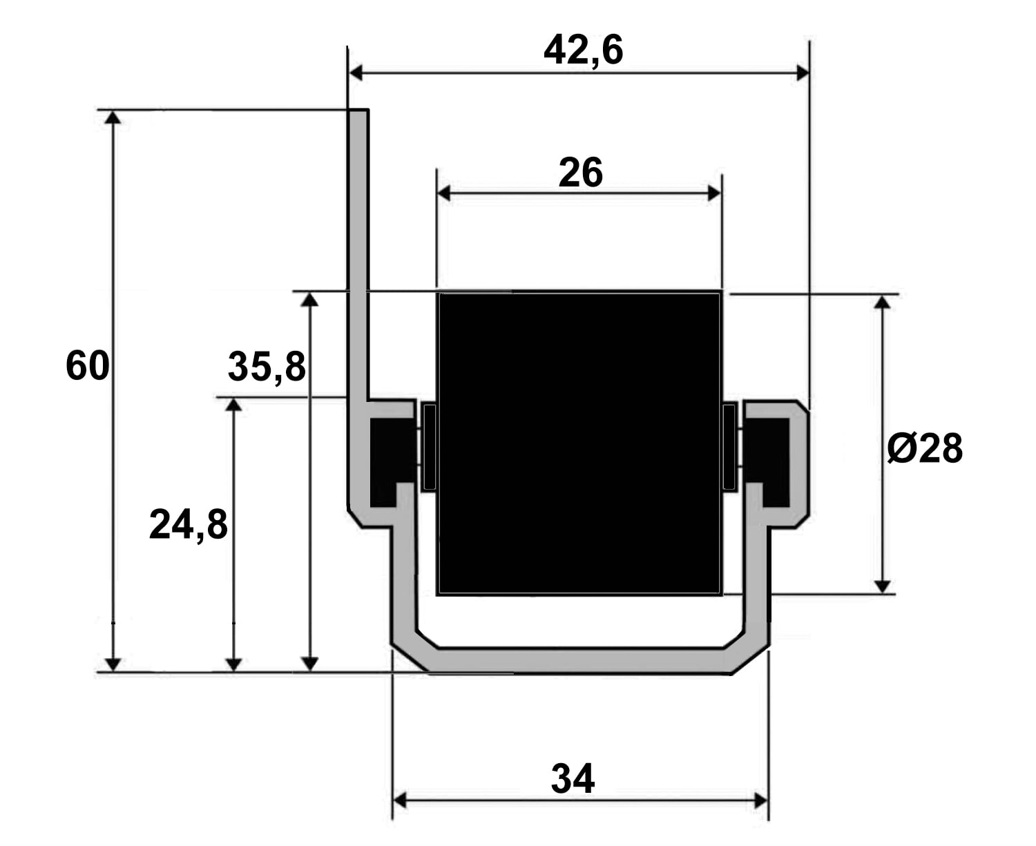 Dimensões do trilho roletado flow rack com aba para 45 quilos.