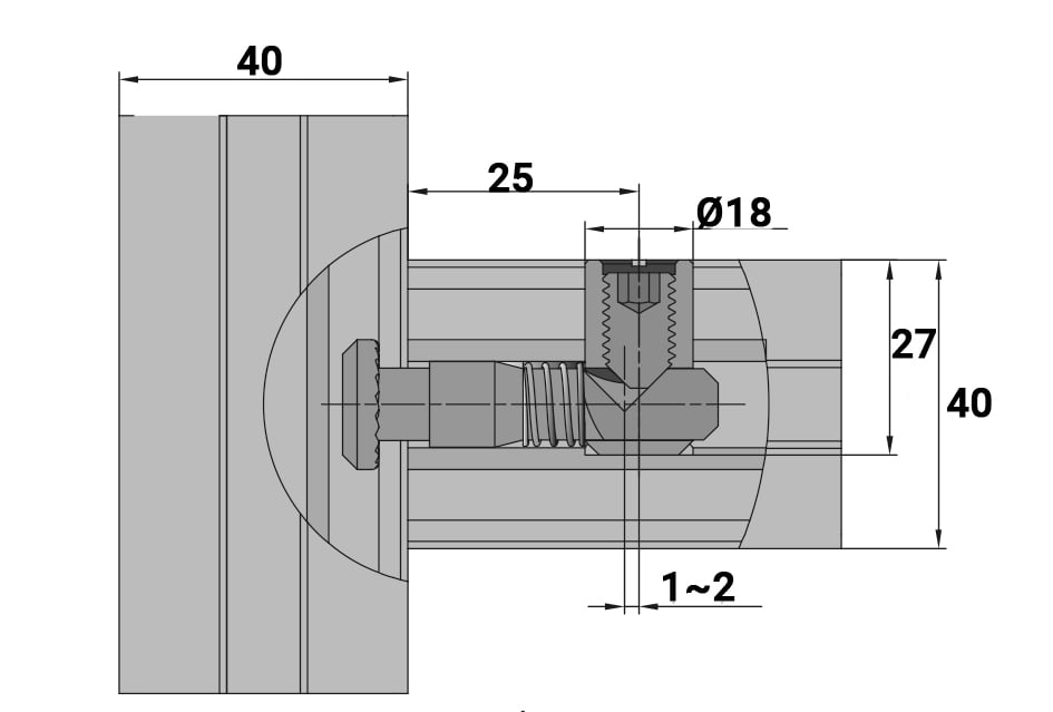 Exemplo de montagem, efetuar um furo de 18mm com distância de 25mm da face do perfil ao centro do furo em um dos perfis.