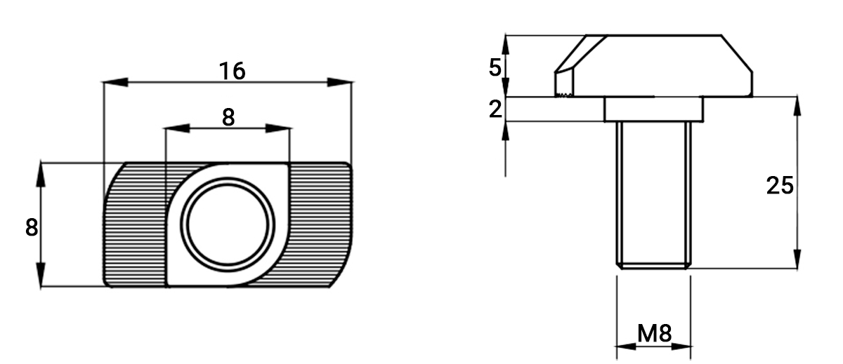 Kit com Parafusos Cabeça Martelo para Perfil Estrutural - M8 x 25 mm - Canal de 8 mm