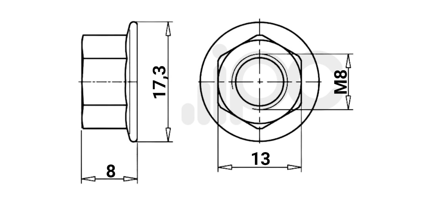 Kit de Porca Sextava com Flange M8 - Passo da Rosca 1,25 - Chave 13 - Zincado Branco - Classe 8