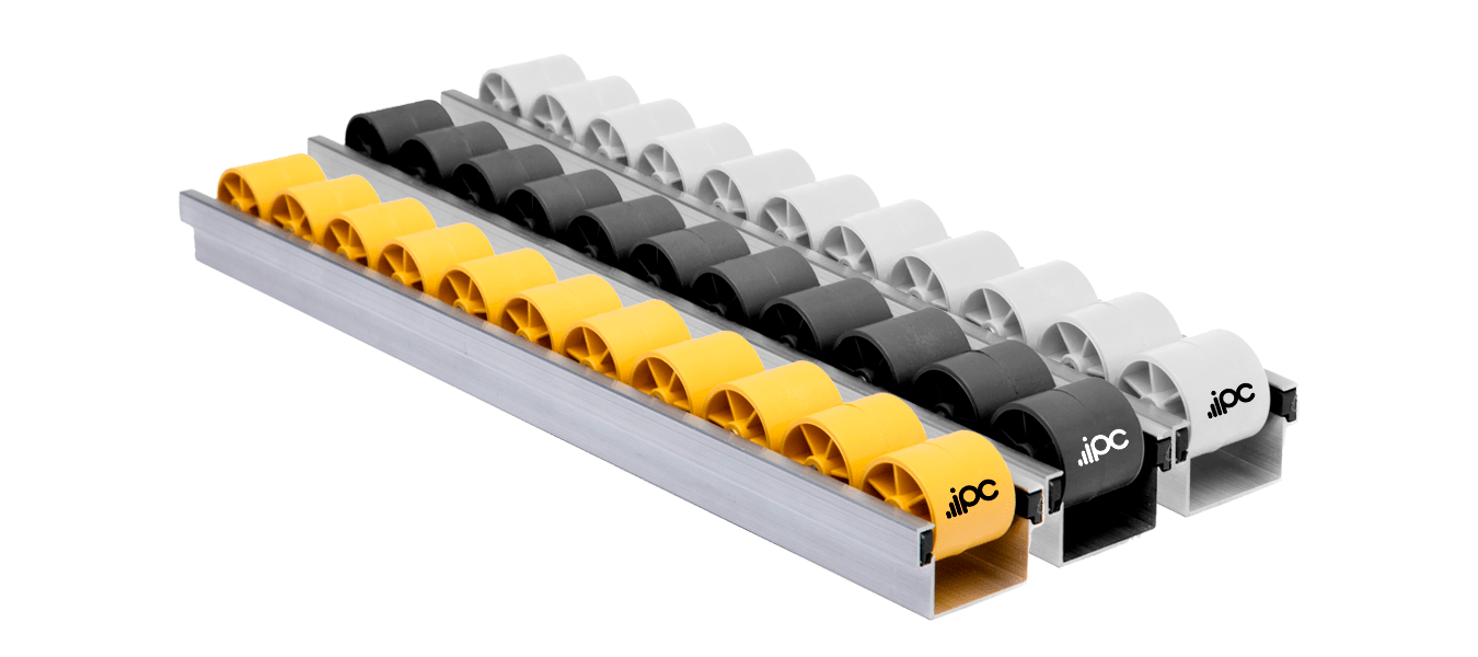 Rodízios flow rack disponíveis nas cores preto, amarelo e branco.