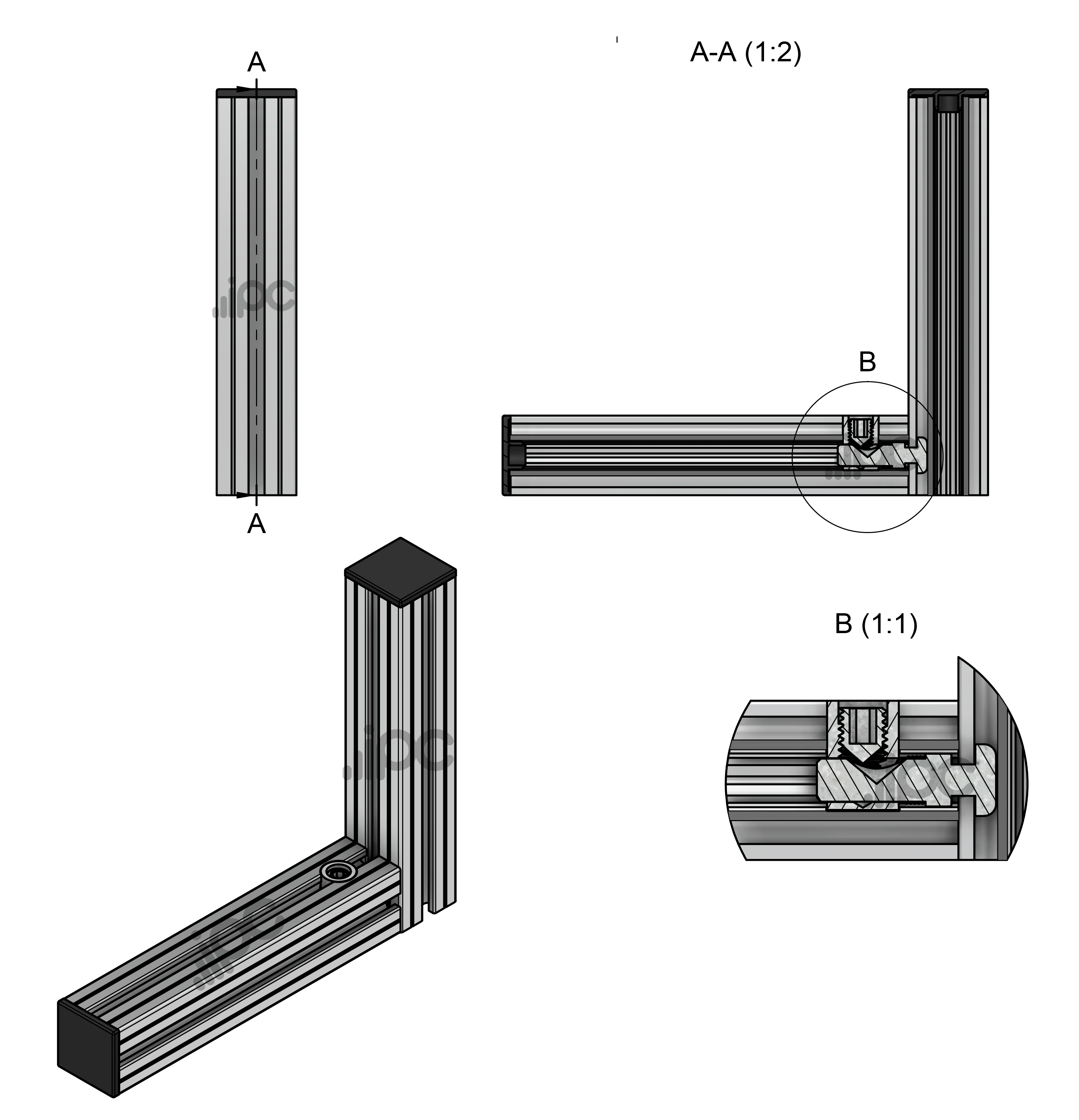 Exemplo de montagem, efetuar um furo de 18mm com distância de 25mm da face do perfil ao centro do furo em um dos perfis.