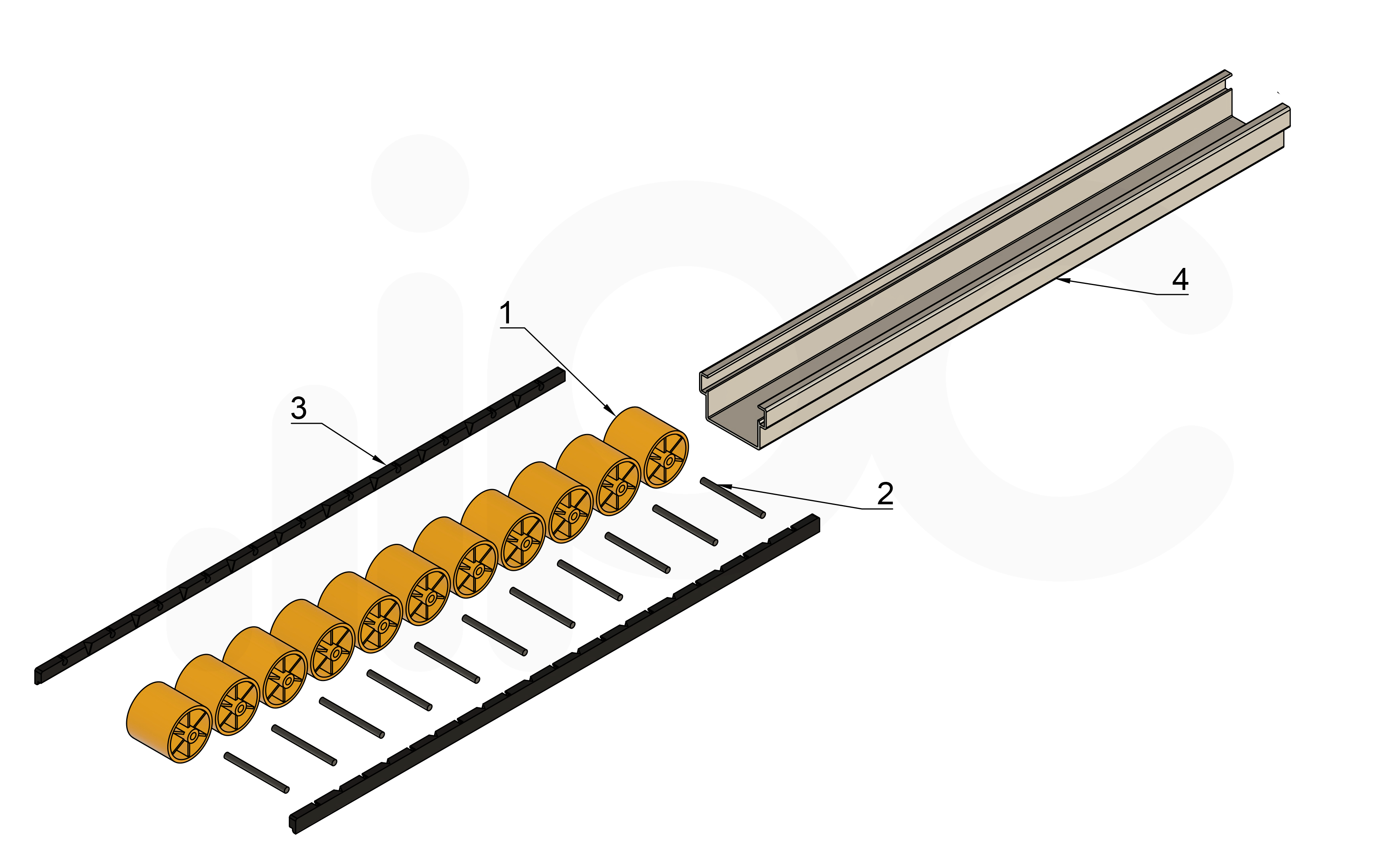 Vista explodida do trilho flow rack 45 kgf