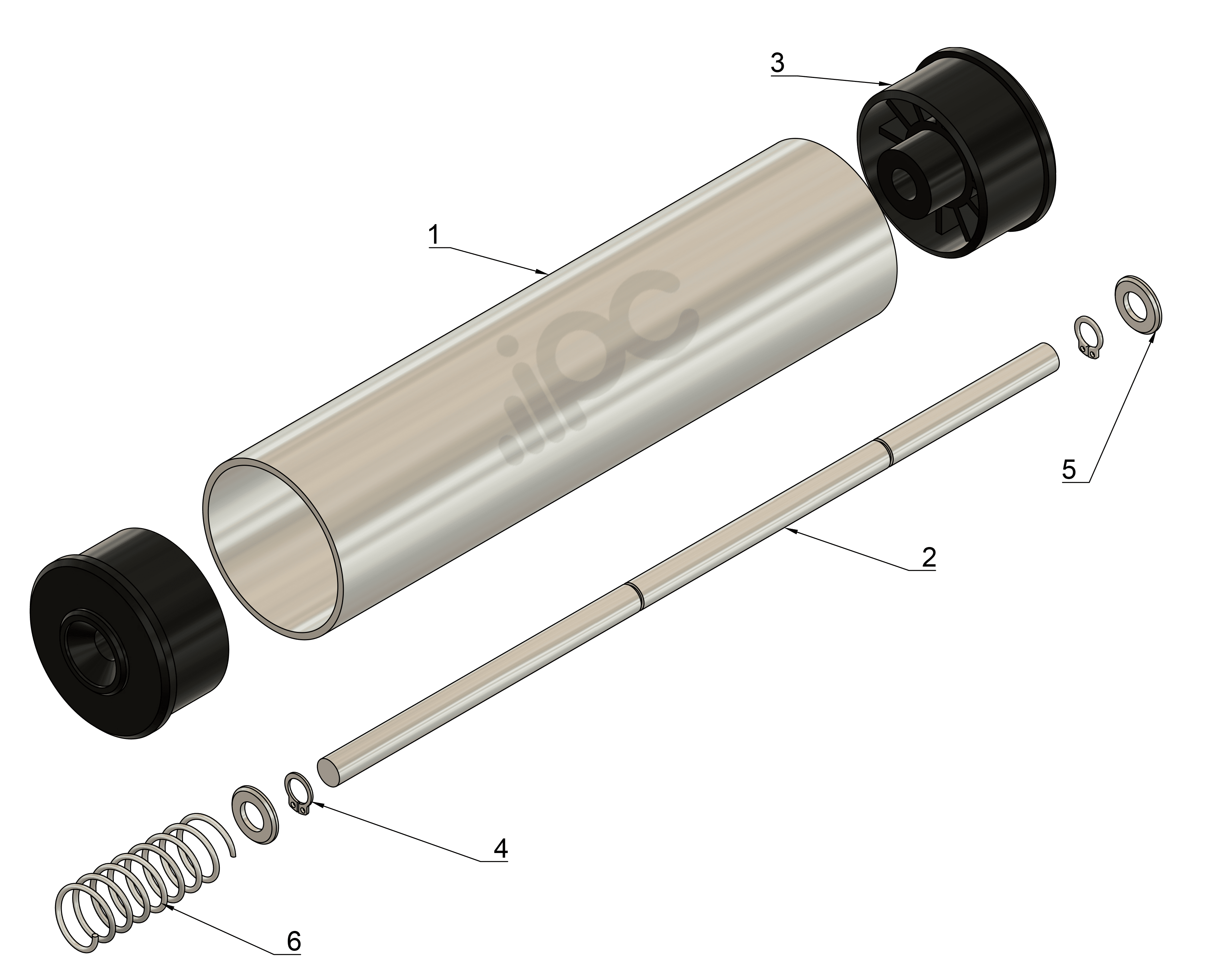 Vista explodida do rolete com bucha seca e tubo em aluminio com diâmetro de 50,8