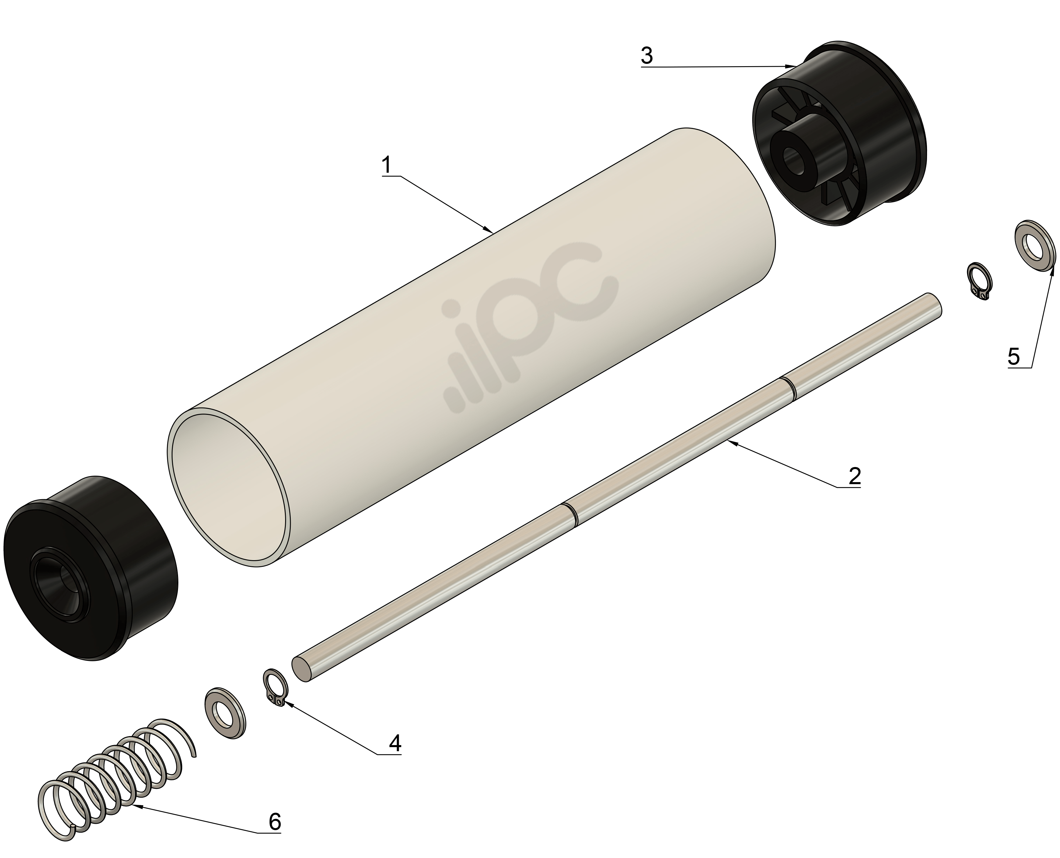 Vista explodida do rolete com bucha seca e tubo em PVC com diâmetro de 50,8