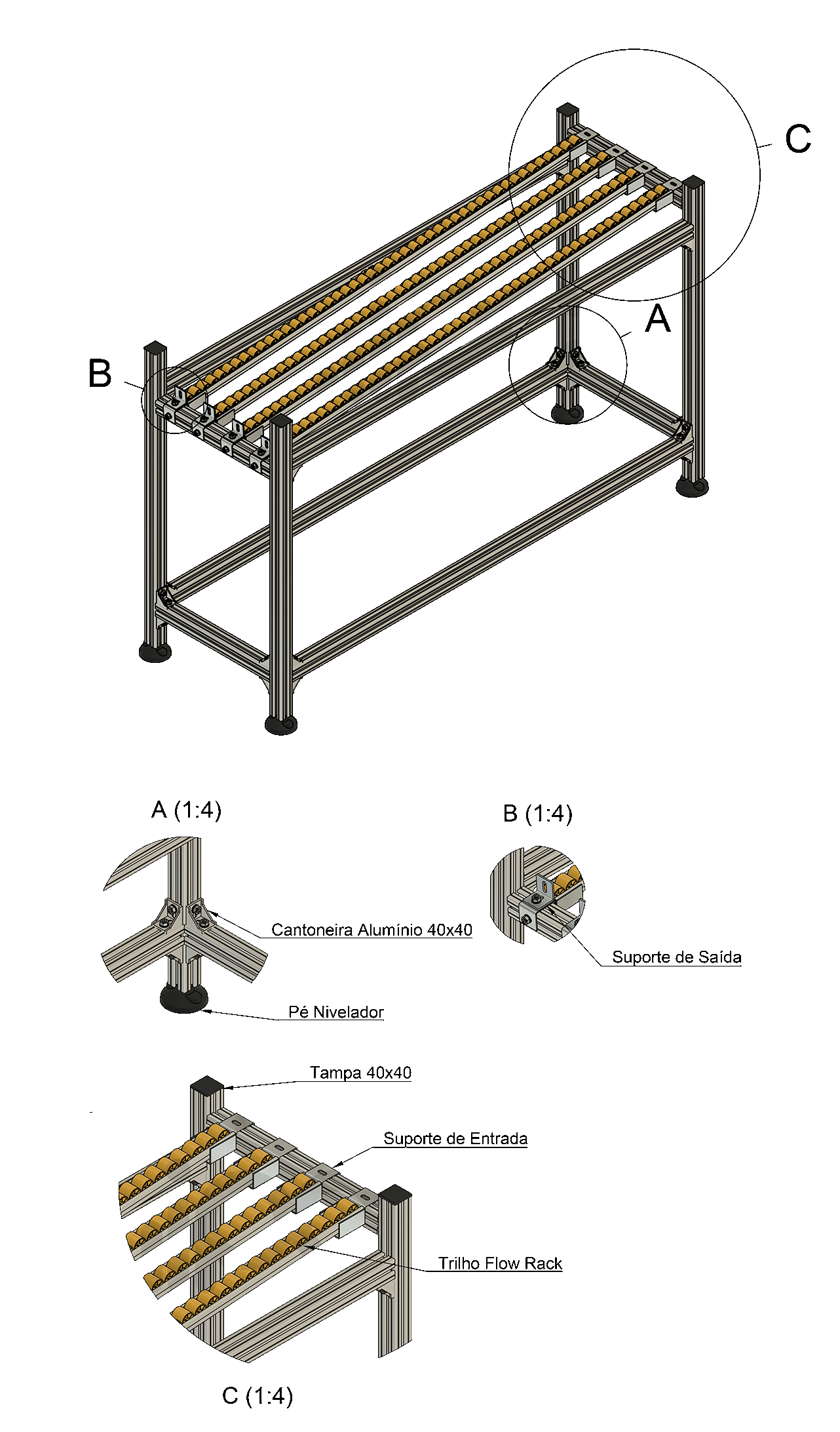 Detlahe do conjunto da esteira flow rack com comprimento de 1000 milimetros
