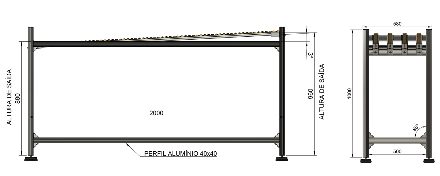 Desenho tecnico da esteira de trilho flow rack