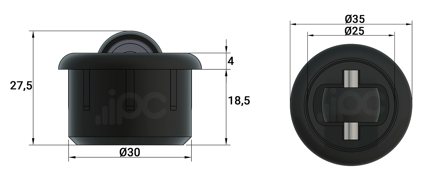 Desenho técnico com dimensões em milímetros do rodízio invisível FlexiMove
