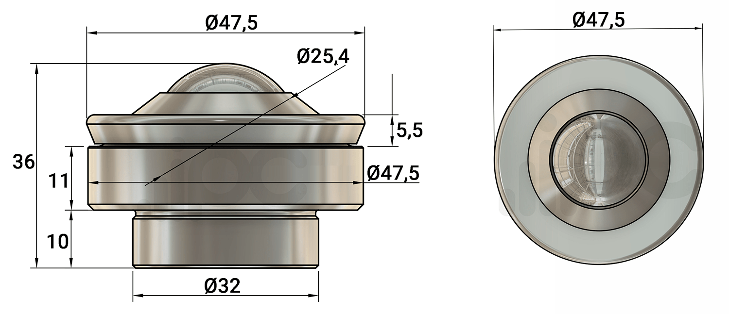 Desenho técnico da esfera transferidora 450 em aço cromo para 200 kgf