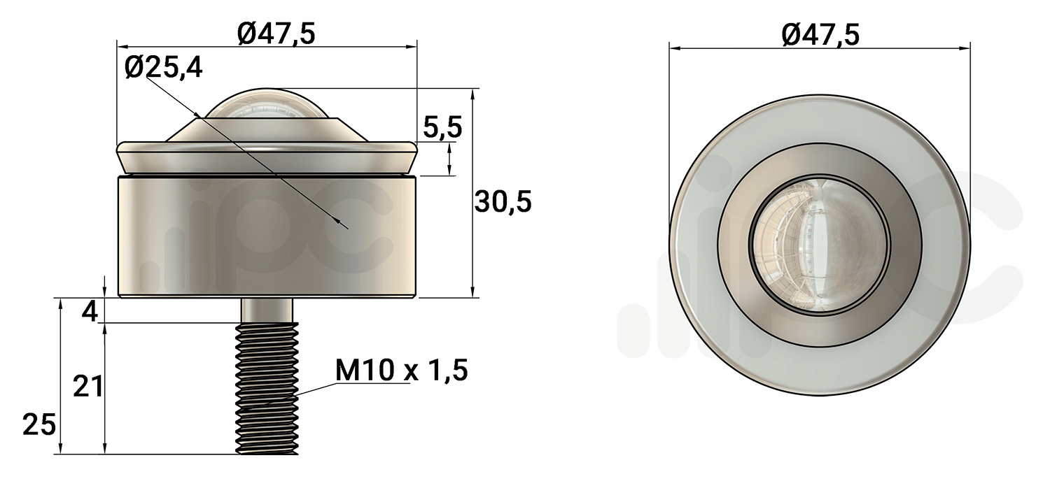Desenho técnico da esfera transferidora 451 em aço cromo para 200 kgf