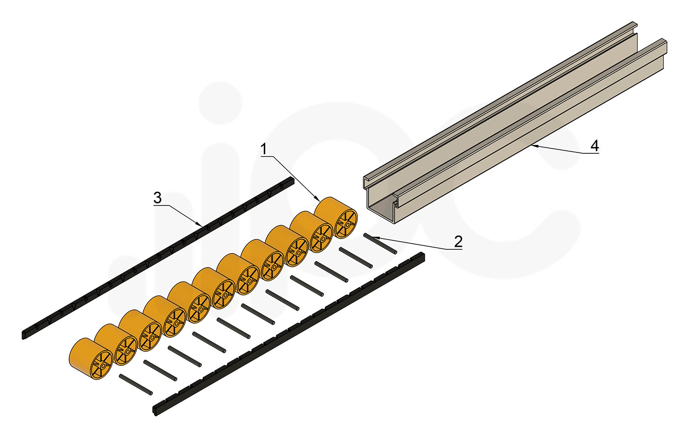 Vista explodida do trilho flow rack 65 kgf