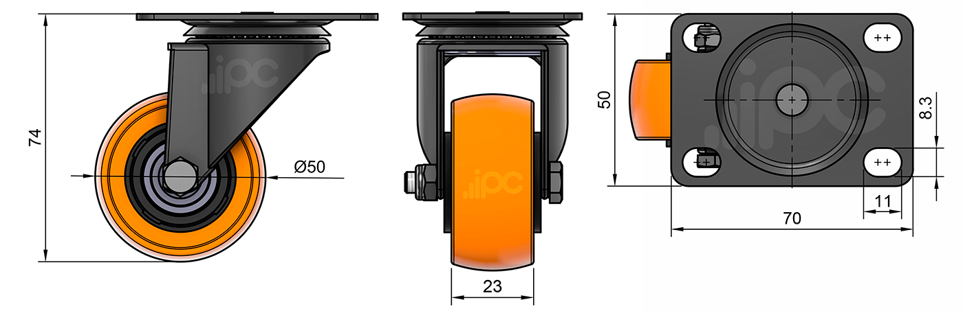 Desenho dimensional do rodízio giratório com placa, roda de PVC de 50 mm
