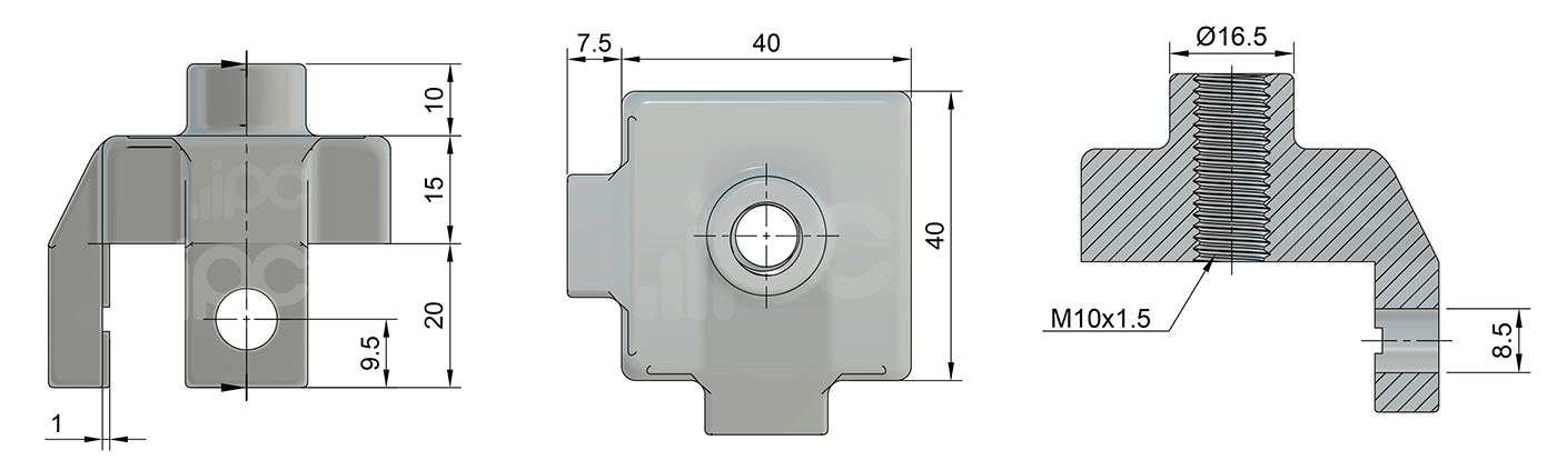 Desenho tecnico do conector de extremidade para perfil 40 x 40