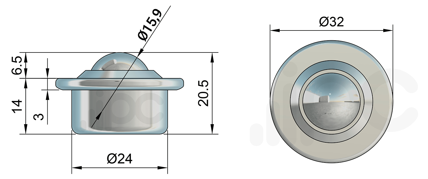 Desenho técnico da esfera transferidora 436 em aço cromo para 20 kgf