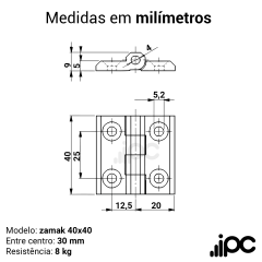 Dobradiça Industrial em Zamak - 40 x 40