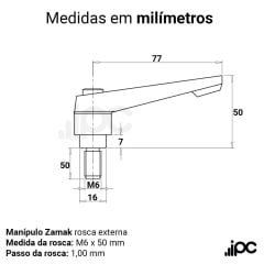 Manipulo Alavanca Trava em Zamak - Rosca Externa - M6 x 50 mm