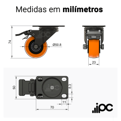 Rodizio Giratório - Com Placa e Freio - Roda de PVC laranja - Diâmetro 2 Polegadas - Capacidade 50 kgf