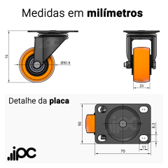 Rodizio Giratório - Com Placa - Roda de PVC Laranja - Diâmetro 2 Polegadas - Capacidade 50 kgf
