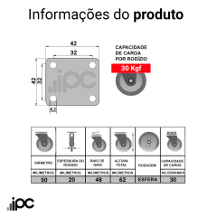 Rodizio Giratório - Com Placa e Freio - Roda de Gel Silicone Transparente - Diâmetro 50 mm - Capacidade 30 kgf