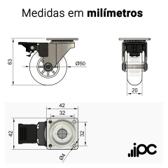 Rodizio Giratório - Com Placa e Freio - Roda de Gel Silicone Transparente - Diâmetro 50 mm - Capacidade 30 kgf