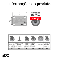 Rodizio Giratório - Com Placa e Freio - Roda de PVC Laranja - Diâmetro 3 Polegadas - Capacidade 80 kgf