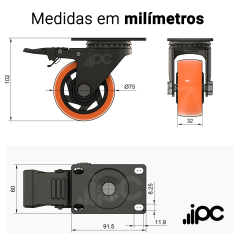 Rodizio Giratório - Com Placa e Freio - Roda de PVC Laranja - Diâmetro 3 Polegadas - Capacidade 80 kgf