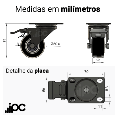 Rodizio Giratório - Com Placa e Freio - Roda de PVC preto - Diâmetro 50 mm - Capacidade 50 kgf