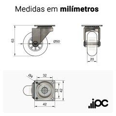 Rodizio Giratório - Com Placa - Roda de Gel Silicone Transparente - Diâmetro 50 mm - Capacidade 30 kgf