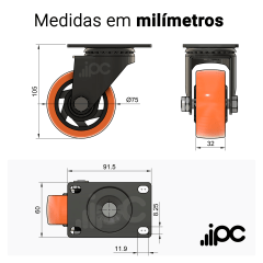 Rodizio Giratório - Com Placa - Roda de PVC Laranja - Diâmetro 3 Polegadas - Capacidade 80 kgf