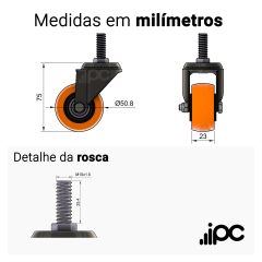 Rodizio Giratório - Com Rosca - Roda de PVC - Diâmetro de 2 Polegadas - Capacidade de 50 kgf