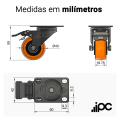 Rodizio giratório com placa e freio - 40mm - PVC - 40 kgf