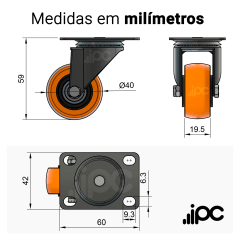 Rodizio giratório com placa - 40mm - PVC - 40 kgf