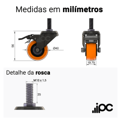 Rodízio giratório com rosca e freio - 40mm - PVC - 40kgf