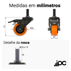 Rodízio giratório - rosca e freio - 50mm - PVC - 50kgf