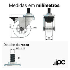 Rodízio giratório com rosca e freio - 50mm - Silicone - 30kgf