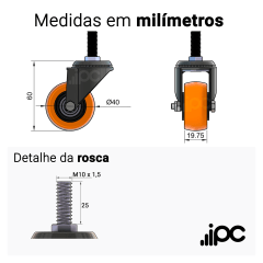 Rodízio giratório com rosca - 40mm - PVC - 40kgf