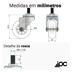 Rodízio giratório com rosca - 50mm - Silicone - 30kgf