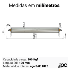 Pista de Rolete Livre - Comprimento de 1,00 metro - Roletes em Aço