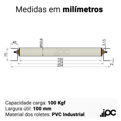 Pista de Rolete Livre - Comprimento de 1,00 metro - Roletes em PVC