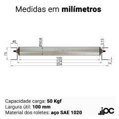Pista de Rolete Livre - Comprimento de 50 Centímetros - Roletes em Aço