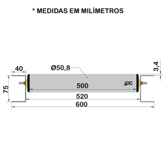 Transportador de Rolete Livre - Comprimento 1,50 metro - Largura útil de 500 mm