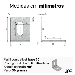 Cantoneira em Aço Furo de 8 mm - Galvanizado - 90 Graus - Perfil 30
