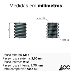 Kit com 4 Buchas de Redução para Perfil Estrutural | M16 para M12 | Compatível com Base 40