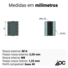 Kit com 4 Buchas de Redução para Perfil Estrutural | M16 para M8 | Compatível com Base 40