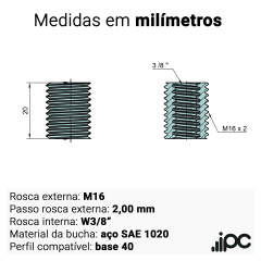 Kit com 4 Buchas de Redução para Perfil Estrutural | M16 para W3/8" | Compatível com Base 40