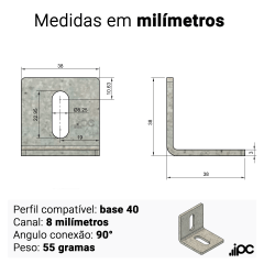 Cantoneira em Aço Furo de 8 mm - Galvanizado - 90 Graus - Perfil 40