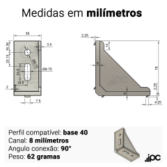 Cantoneira em Alumínio Injetado - 90 Graus - Perfil 40 x 80