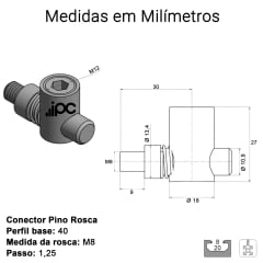 Conector com Pino Roscado - Perfil Base 40 - Canal 8 Milimetros