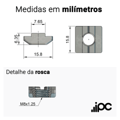 Kit 10 Porcas T Deslizantes M8 para Perfil de Alumínio Canal 8 mm